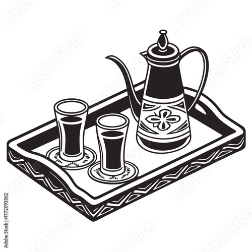 Black illustration of coffee pot and glasses on tray