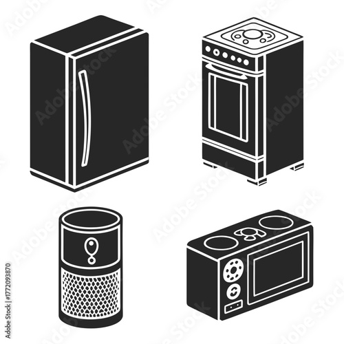 Black kitchen appliance and smart speaker icons silhouette