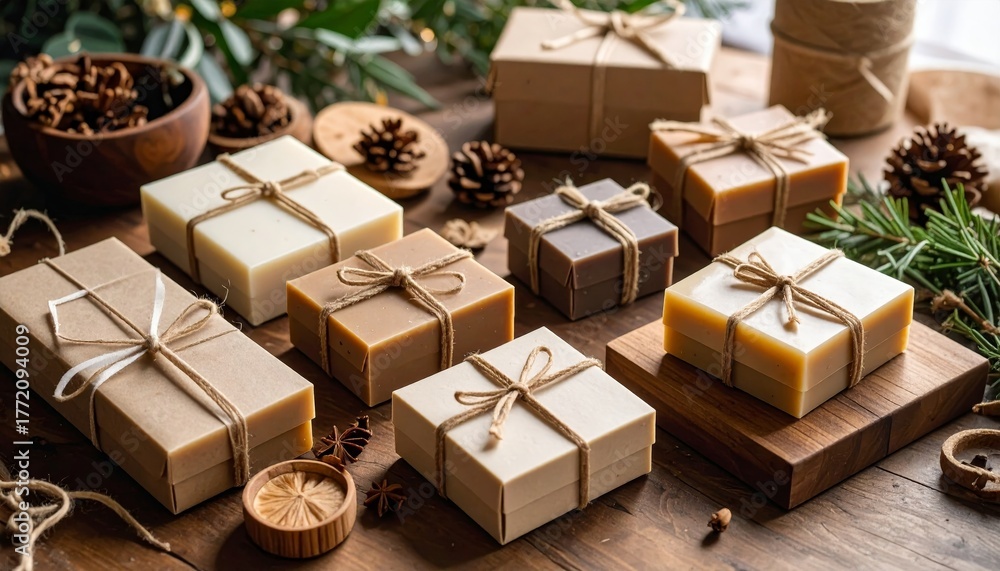 Fototapeta premium Rustic Handmade Soap Collection with Twine Ties and Natural Christmas Decorations