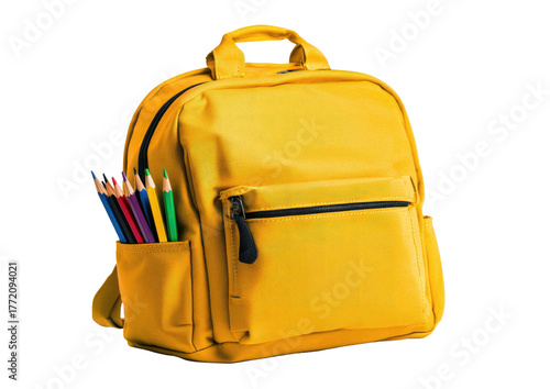 Yellow backpack with colored pencils in side pocket (2)