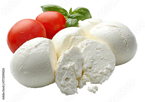 Fresh mozzarella, tomatoes, basil arrangement on transparent
