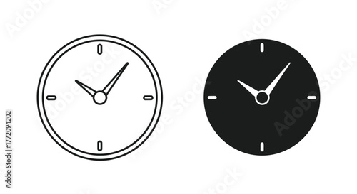 Two minimalist clock icons, one outline and one solid black, representing time and deadlines.