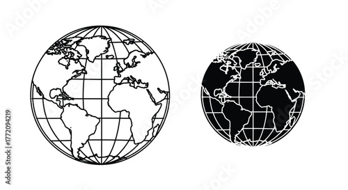 Two globes, one with continents outlined, the other filled in black with grid lines.