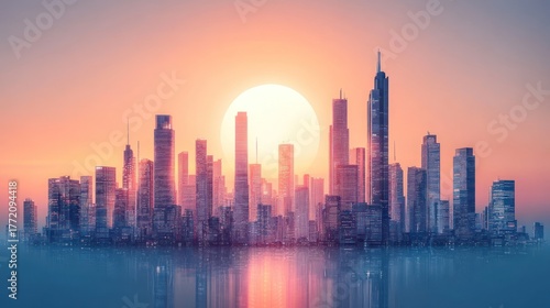 Wallpaper Mural Sunrise over modern city skyline reflection Torontodigital.ca