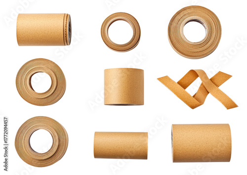 Brown kraft tape rolls in various positions