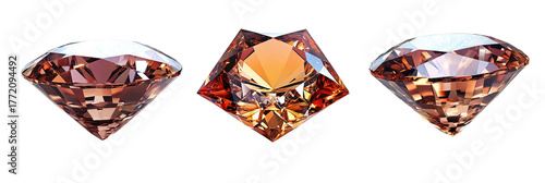 Three shimmering, cut, peach-colored gems on a black background
