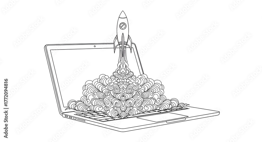 Fototapeta premium Dynamic launch from laptop, showcasing innovation, technology, startup success, and digital transformation concept