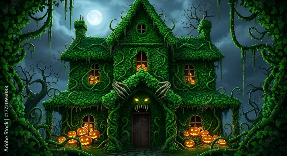 Obraz premium Enchanted Halloween Haunted Mansion Covered in Creeping Vines and Ivy with Glowing Jack-o'-Lanterns Under Full Moon at Night