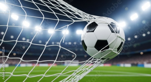 Soccer ball in goal net with stadium lights illuminated in the background