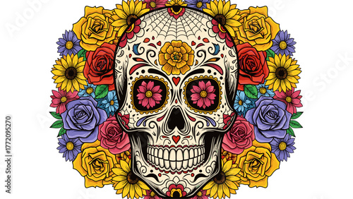 Vibrant Sugar Skull with Colorful Flowers. Día de Muertos Calavera Art.