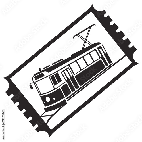 Black silhouette of a tram on a ticket black and white