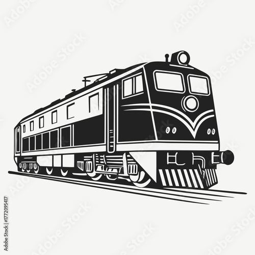 Black silhouette of a vintage diesel train on tracks