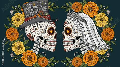 Día de los Muertos Skulls Couple Illustration with Marigold Flowers. Calavera Bride and Groom Art for Day of the Dead Celebration.