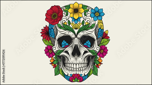 Vibrant Floral Sugar Skull Illustration. Intricate Day of the Dead Calavera Design with Colorful Flowers and Botanical Elements.