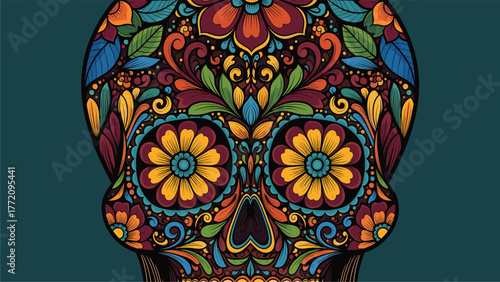 Vibrant Floral Sugar Skull Illustration. Intricate Folk Art Design with Colorful Mandala Patterns on Dark Background.