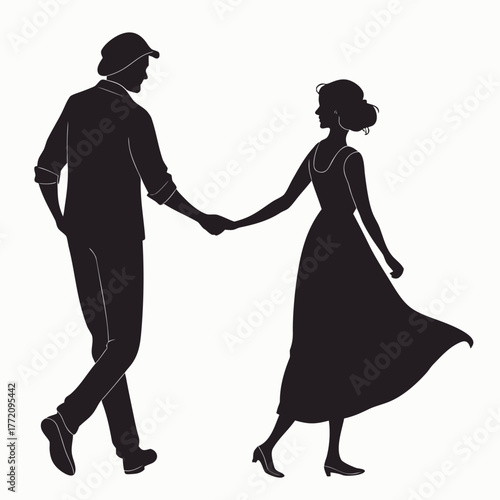 Black silhouette of couple holding hands dancing romance