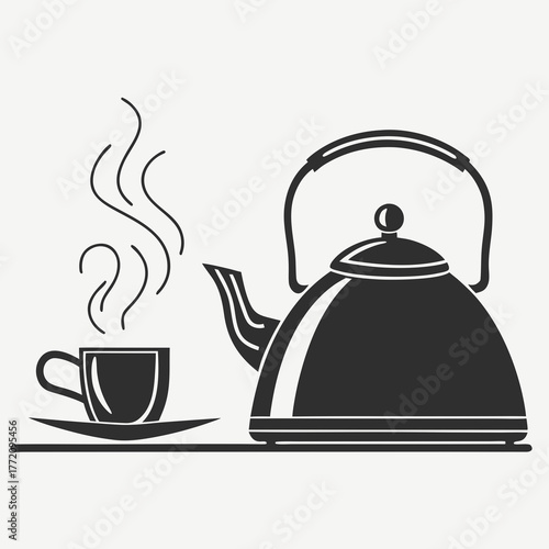 Black silhouette of steaming cup and saucer next to kettle