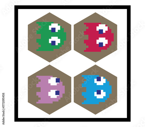 retro game Style Character Chasing Colorful Ghosts on White Background