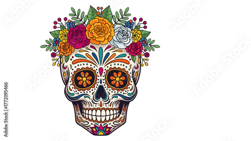 Intricate Sugar Skull with Vibrant Flower Crown for Día de los Muertos Celebration