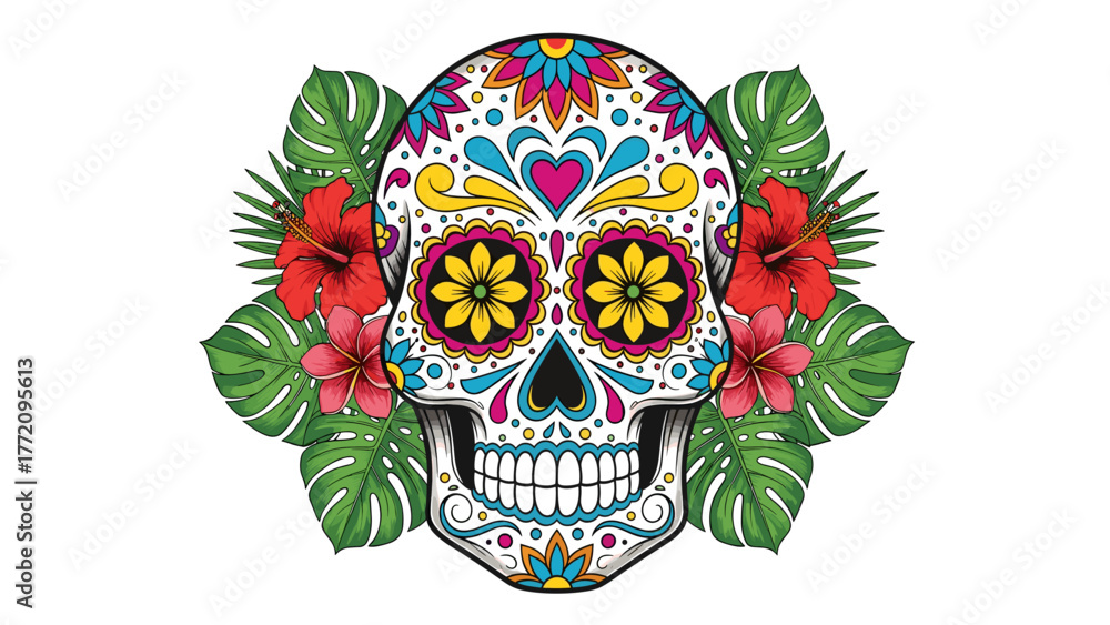 Obraz premium Vibrant Sugar Skull with Tropical Flowers & Leaves. Day of the Dead Calavera Vector Illustration