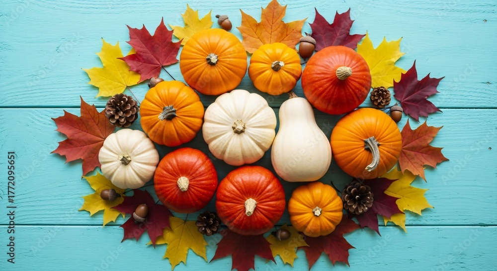 Fototapeta premium Autumnal Abundance: A vibrant assortment of pumpkins and fallen leaves, symbolizing the beauty and bounty of the harvest season. A seasonal arrangement set against a teal wooden backdrop.