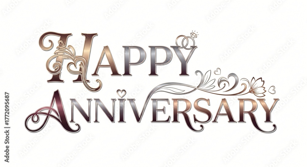 Obraz premium Happy Anniversary Celebration: A decorative art piece featuring the words Happy Anniversary in elegant, ornate script, signifying love, commitment, and celebration.