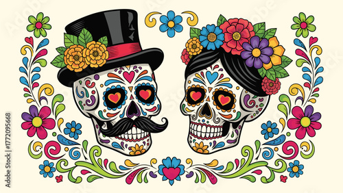 Festive Day of the Dead Sugar Skulls Couple with Colorful Floral Frame