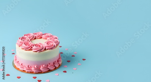Beautiful Ombre Pink and White Cake with Rose Swirl Frosting and Heart Confetti