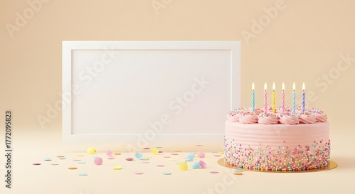 Birthday Cake with Candles and Blank Frame, Copy Space, Confetti