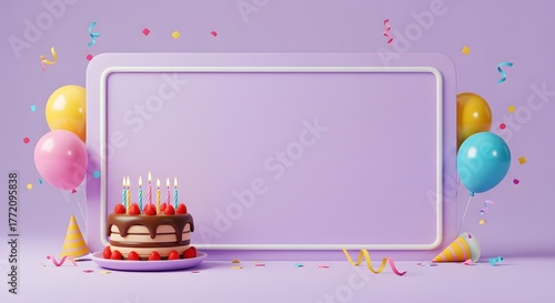 Birthday Celebration Background with Cake, Balloons, and Confetti