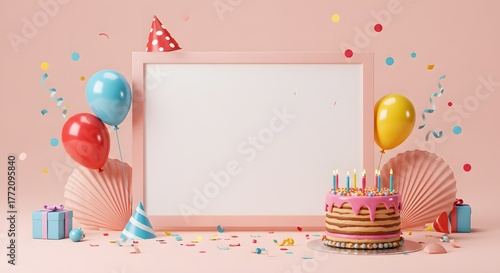 Birthday Celebration Background with Cake, Balloons, Gifts, and Blank Frame
