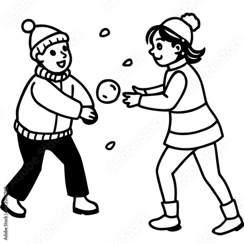 A boy and a girl are throwing snowballs at each other