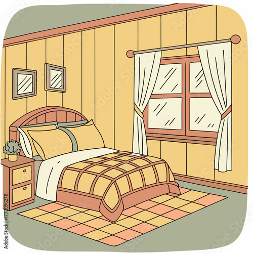 A cozy bedroom with a bed, window, and nightstand illustration