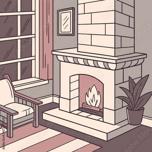 A cozy living room with a fireplace, chair, and plant for relaxation