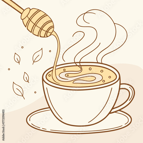 Honey dipper pouring honey into a cup of tea with steam and leaves