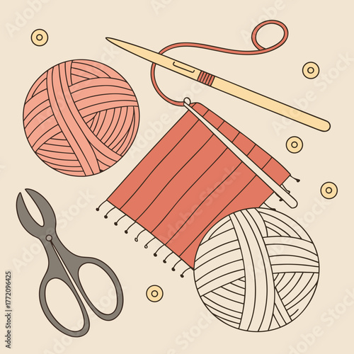 Illustration of knitting tools and yarn with a needle and scissors