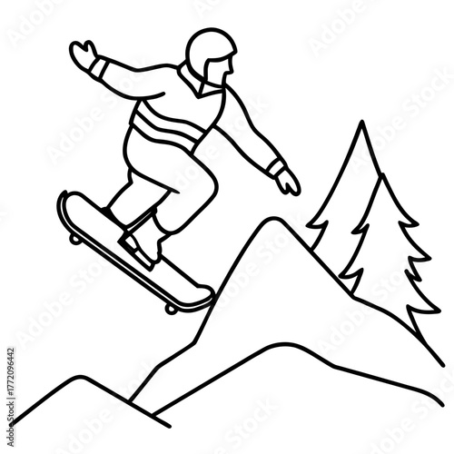 Line art of a snowboarder performing a trick