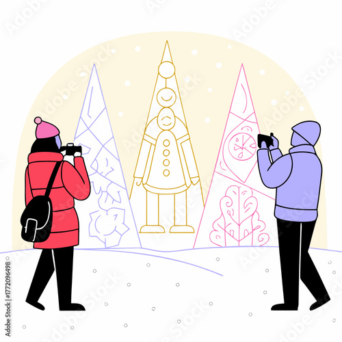 People taking photos of ice sculptures at winter festival outdoors