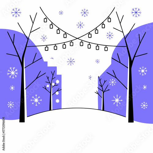 Winter street scene with trees, snow, and lights