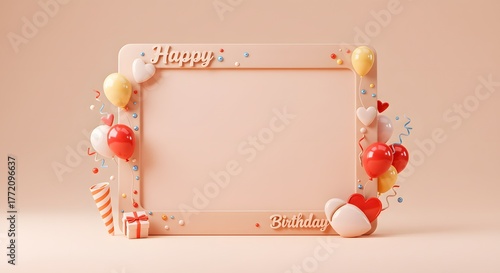 Happy Birthday Photo Booth Frame with Balloons and Gift