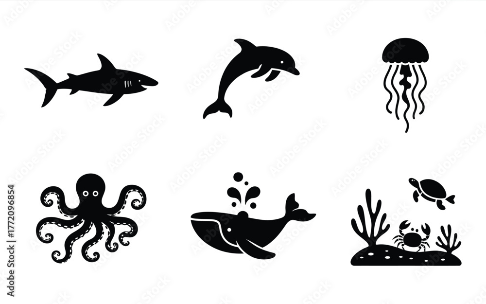 Fototapeta premium Diverse marine life silhouettes underwater scene elements shark dolphin
