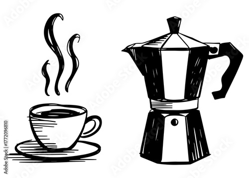 Illustration of a moka pot and a cup of coffee with steam, a classic brewing method