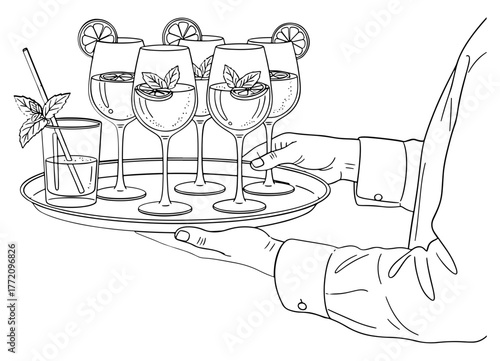 Elegant black and white illustration of a waiter serving cocktails on a tray
