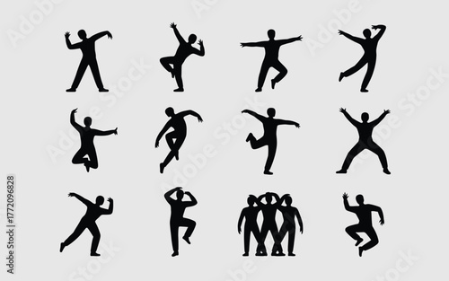 Diverse human figures in dynamic poses silhouette dancing