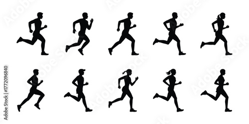 Diverse human silhouettes running in motion people athletes