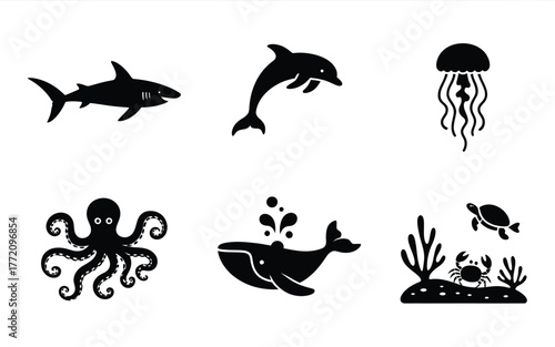 Diverse marine life silhouettes underwater scene elements shark dolphin