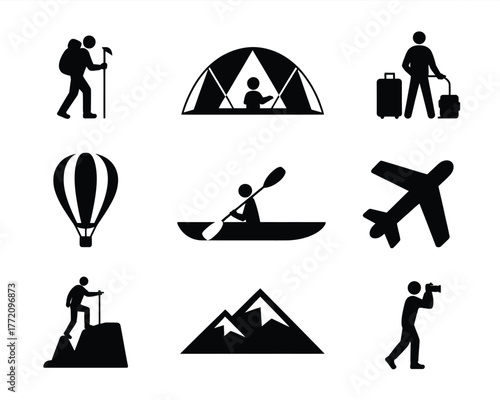 Diverse outdoor adventure and travel icons hiking camping