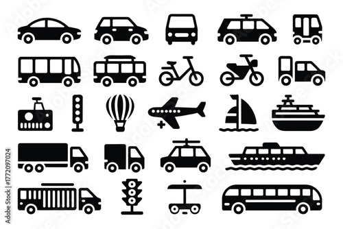 Diverse transportation modes collection black icons truck motorcycle