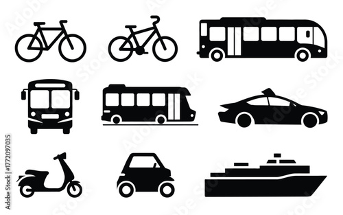 Diverse transportation modes illustrated as black silhouettes bicycle scooter