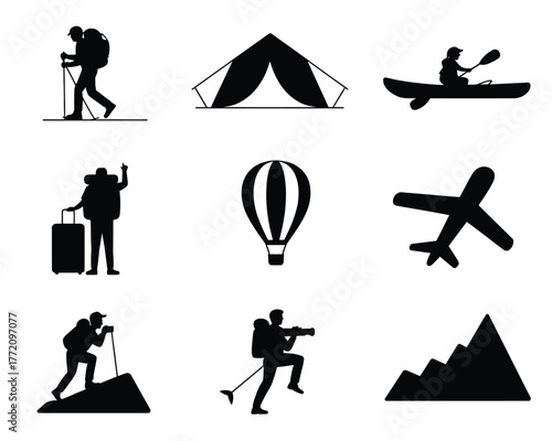 Diverse travel and outdoor adventure silhouettes hiking camping